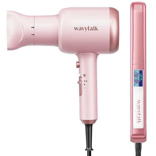 Wavytalk Ionic Hair Blow Dryer with Diffuser (Millennial Pink) + Negative Ion Flat Iron Hair Straightener (Bright Rose Gold)