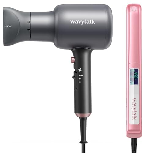 Professional Hair Styling Kit for Women: Ionic Hair Dryer with Diffuser (Textured Gray) and 1 Inch Negative Ion Flat Iron (Rose Gold)