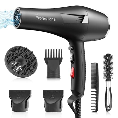 Ionic Salon Professional Blow Dryer, Fast & Quiet AC Motor, 2 Speed, 3 Heat Settings, Cool Shot, with Diffuser & Nozzle-