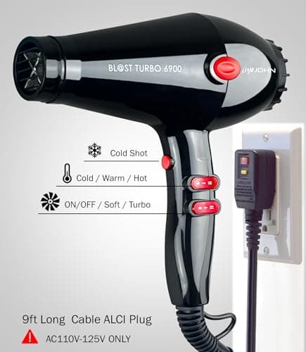 JOHN Ionic 2200W Super Fast Drying Salon Blow Dryer, 2 Nozzles, Blast Turbo 6900