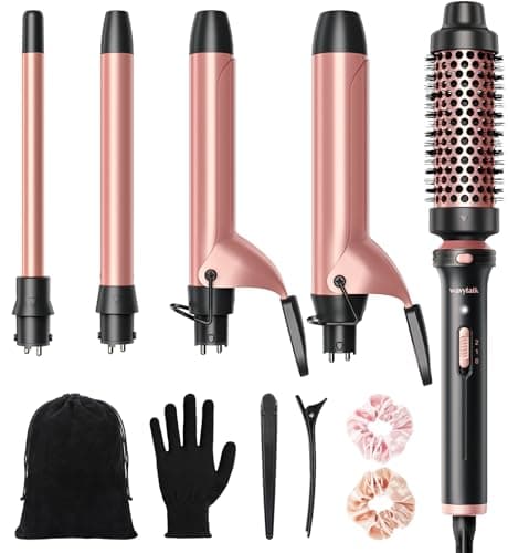 Wavytalk 5-in-1 Curling Iron Set with Heated Brush and Interchangeable Wands (0.5”-1.25”) - Instant Heat, Dual Voltage