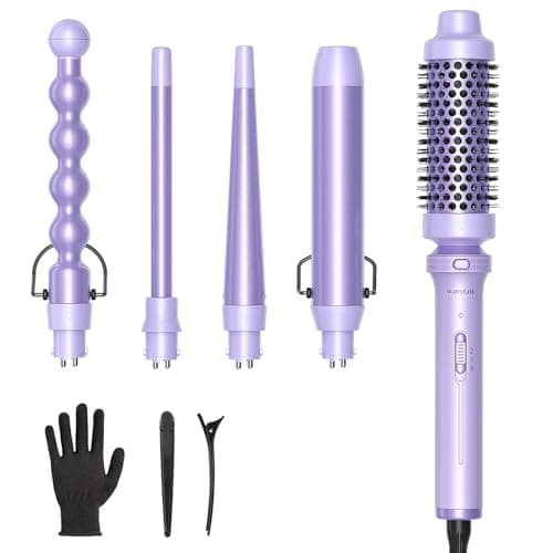 Wavytalk 5-in-1 Curling Iron Set with Heated Brush and Interchangeable Wands (0.5”-1.25”) - Instant Heat, Dual Voltage