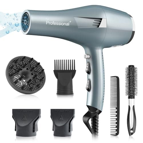 Ionic Salon Professional Blow Dryer, Fast & Quiet AC Motor, 2 Speed, 3 Heat Settings, Cool Shot, with Diffuser & Nozzle-