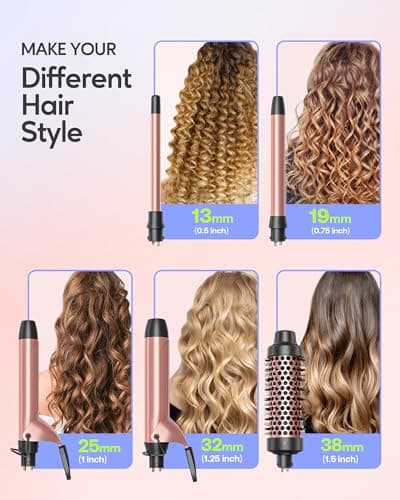 Wavytalk 5-in-1 Curling Iron Set with Heated Brush and Interchangeable Wands (0.5”-1.25”) - Instant Heat, Dual Voltage