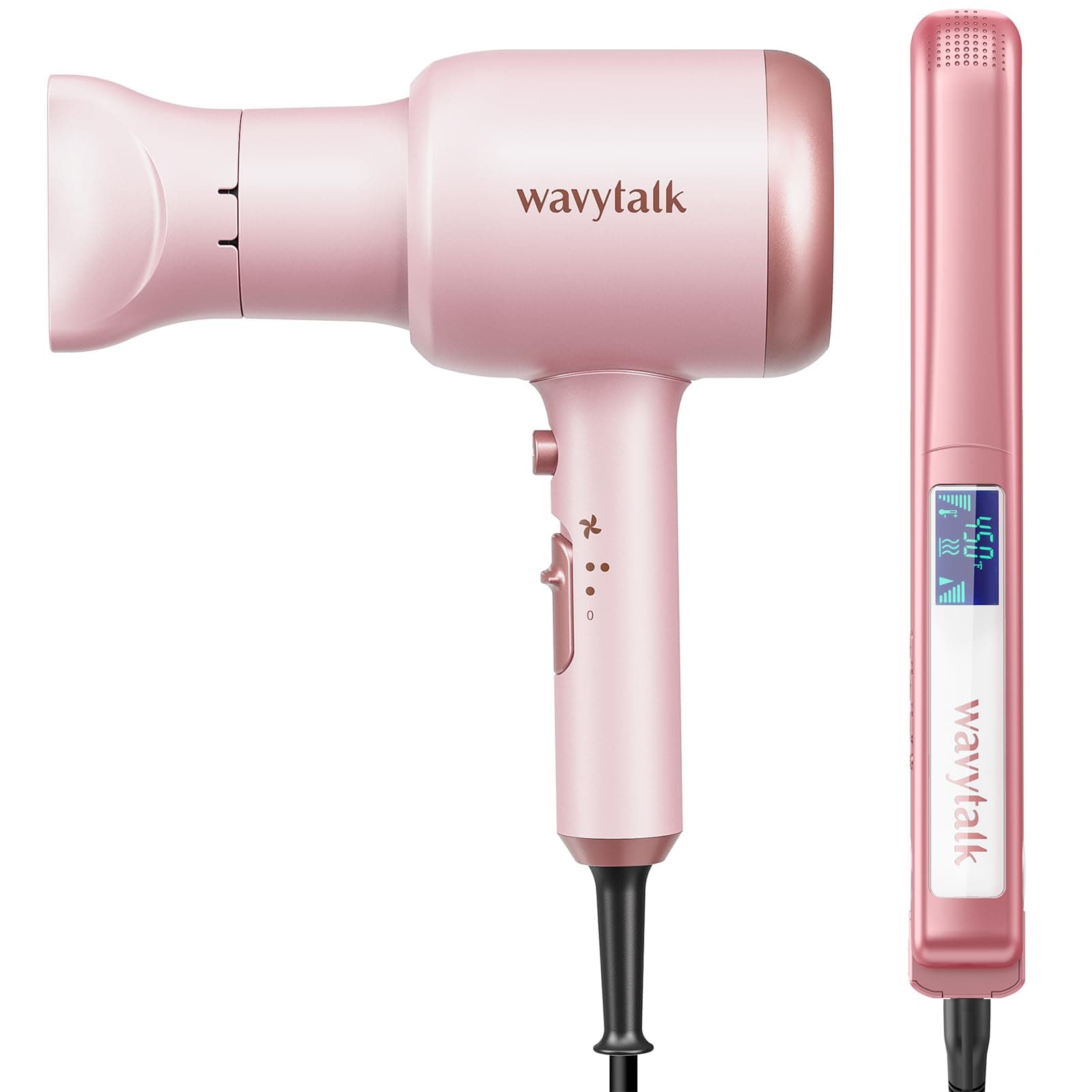 Wavytalk Ionic Hair Blow Dryer with Diffuser (Millennial Pink) + Negative Ion Flat Iron Hair Straightener (Bright Rose Gold)