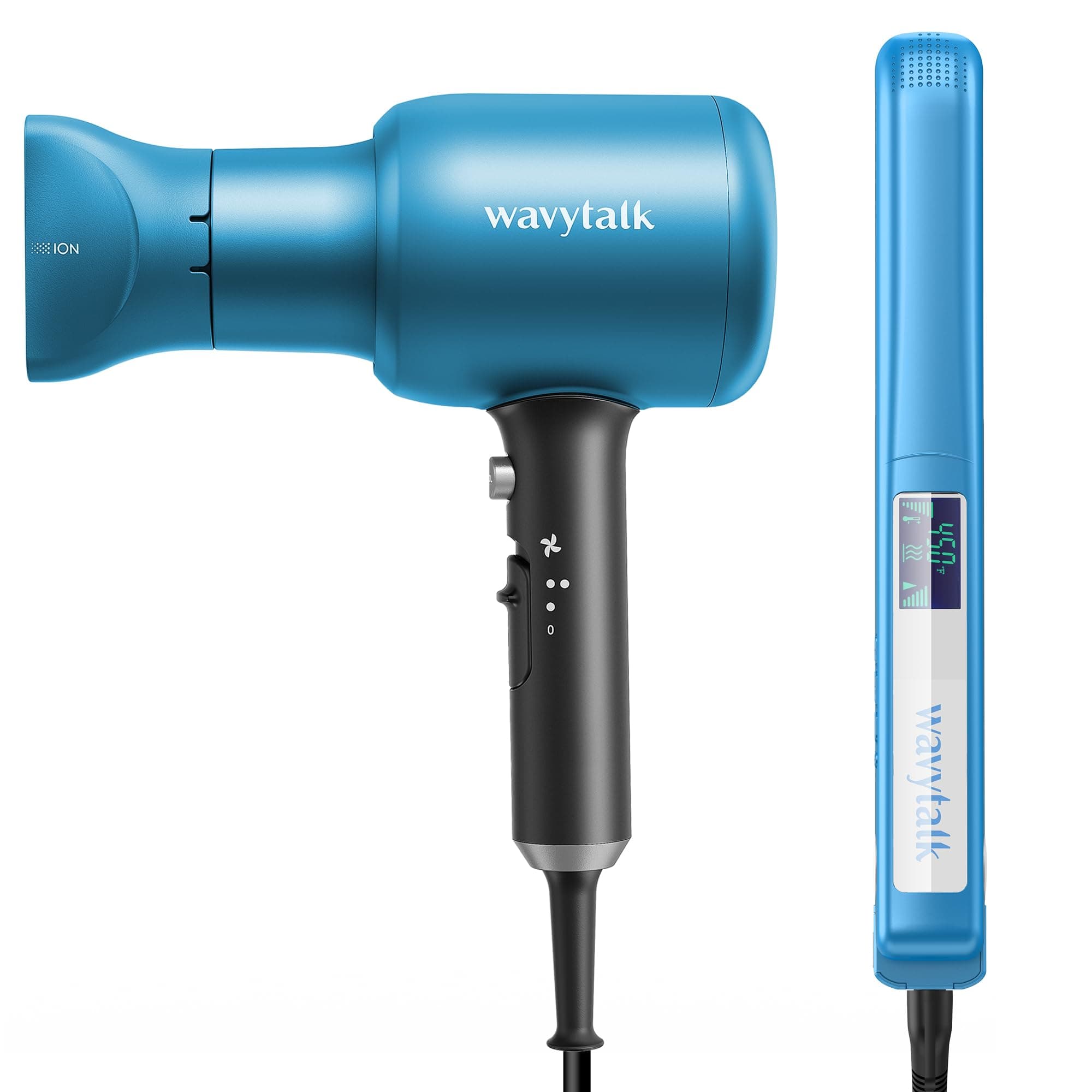 Wavytalk Ionic Hair Dryer with Diffuser (Elemental Blue) + Negative Ion Flat Iron Hair Straightener (Blue)