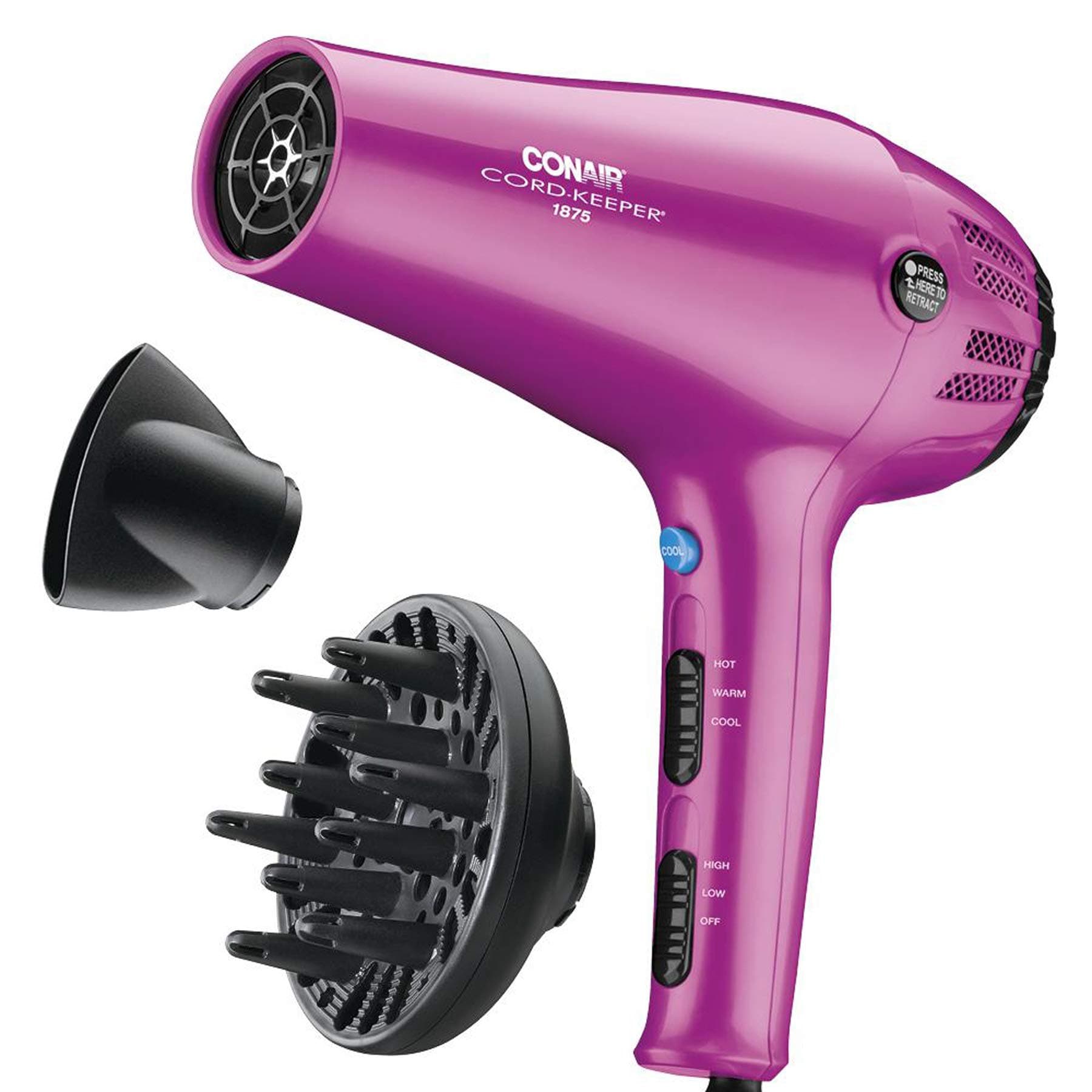 CONAIR 1875W Retractable Cord Keeper Blow Dryer, Pink