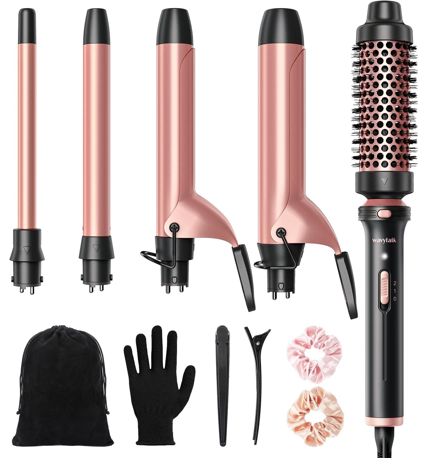 Wavytalk 5-in-1 Curling Iron Set with Heated Brush and Interchangeable Wands (0.5”-1.25”) - Instant Heat, Dual Voltage