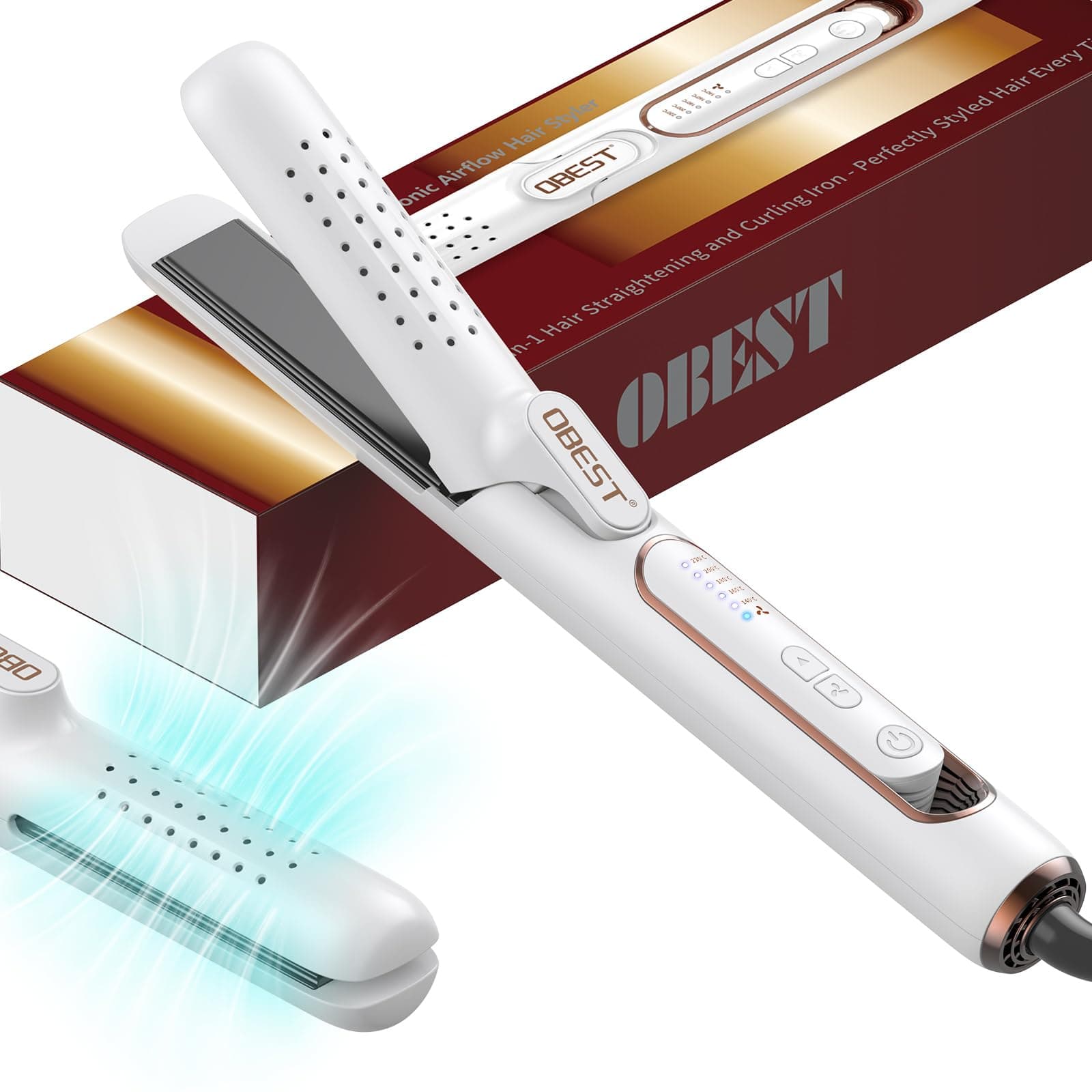 2-in-1 Dual Voltage Curling Iron and Hair Straightener for Travel with Cooling Air